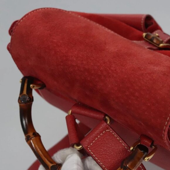 GUCCI Bamboo Backpack Suede Leather Red Gold - Picture 12 of 16